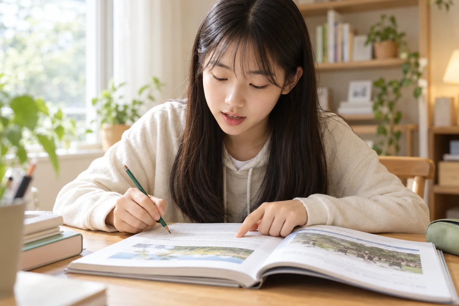 중학생이 영어 교과서의 짧은 글을 손가락으로 짚으며 읽는 모습