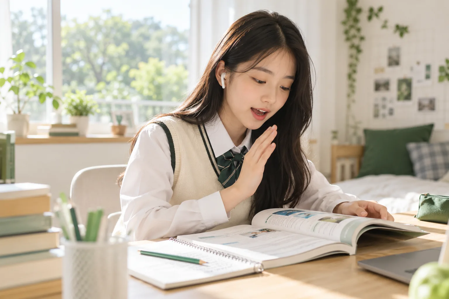 밝은 책상에서 영어 교과서를 읽고 문장을 말해 보는 중학생