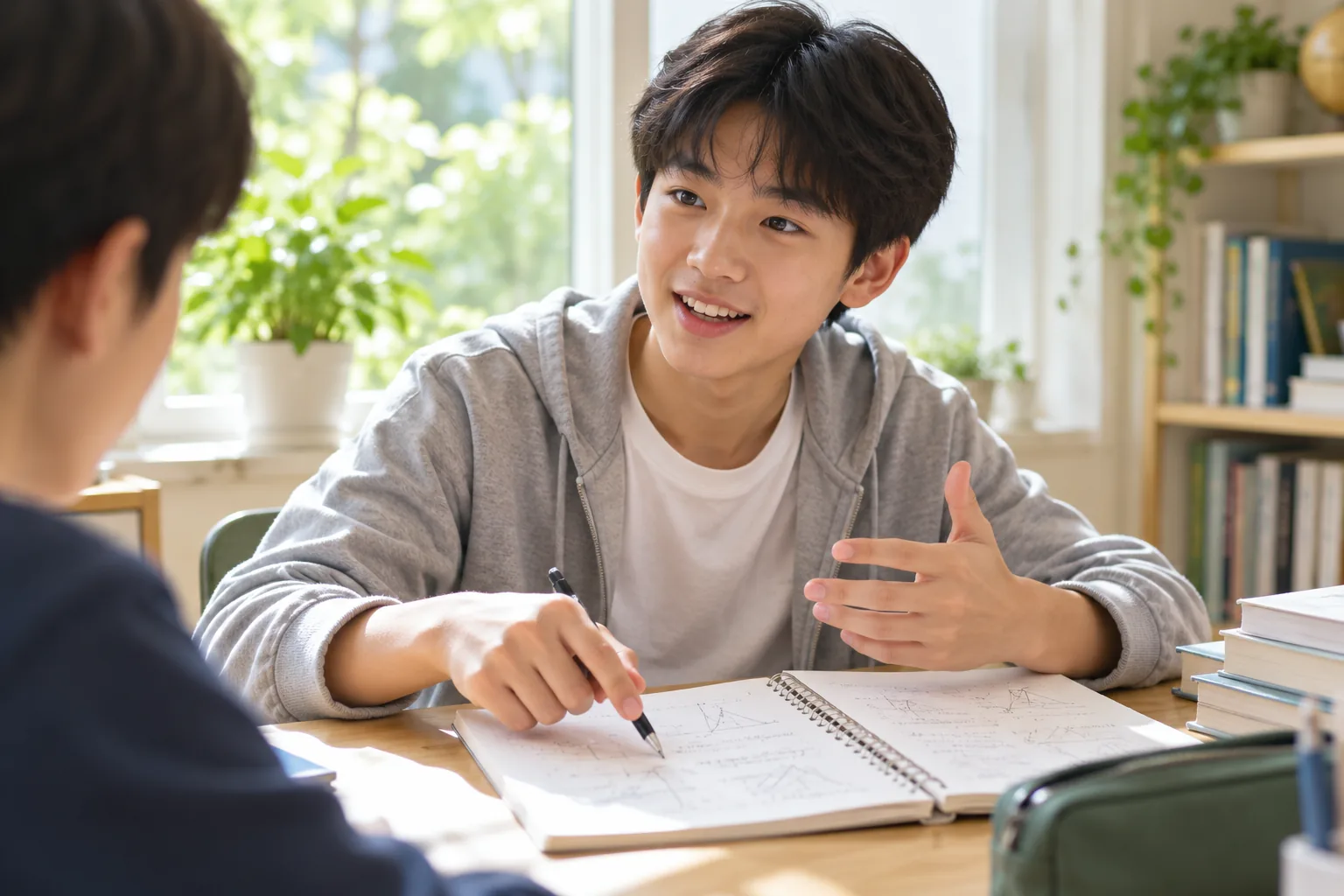 친구에게 자신의 풀이를 설명하며 자신감을 얻는 중학생 남학생
