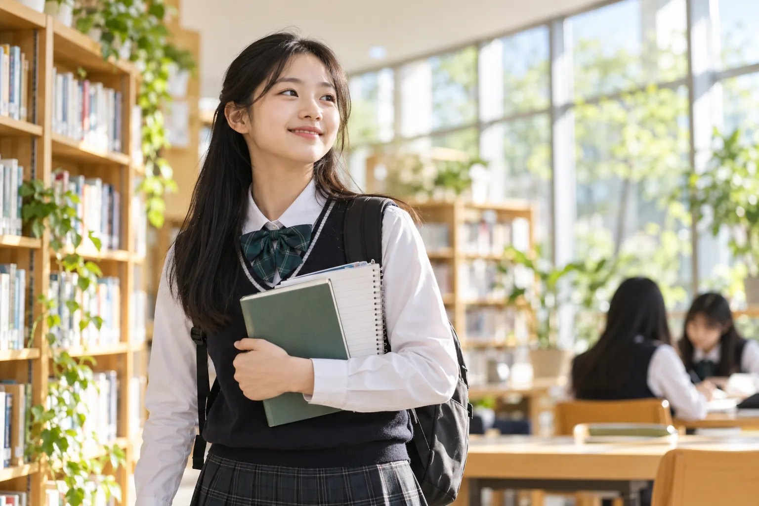 책과 노트를 안고 다음 활동을 기대하며 미소 짓는 중학생 여학생