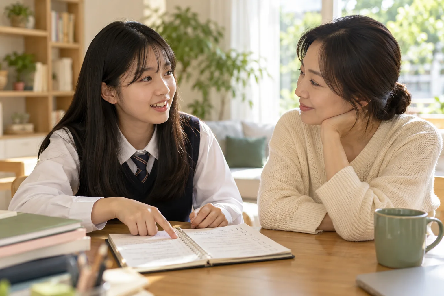 부모가 중학생 자녀의 학습 이야기를 들으며 노트를 함께 보는 모습