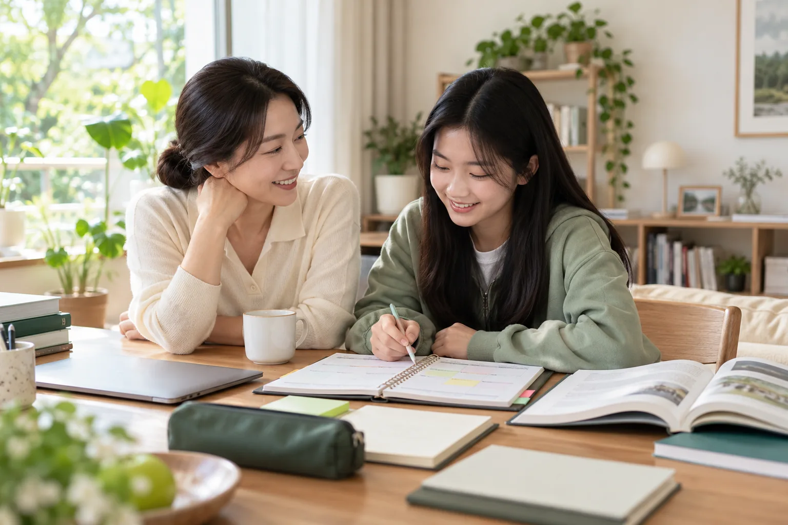 부모와 중학생 자녀가 밝은 집에서 함께 계획 노트를 살펴보는 모습